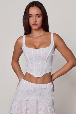 Embellished Lace-Up Corset Top in White