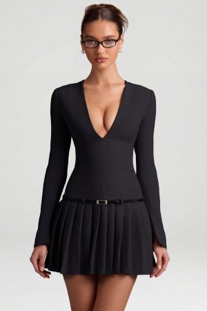 Long-Sleeve Pleated Mini Dress in Black
