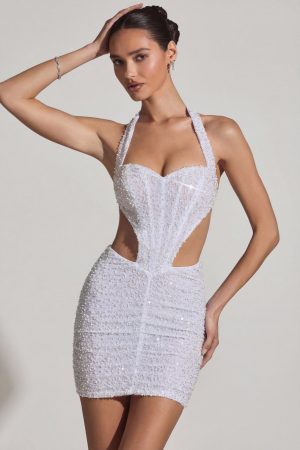 Embellished Cut-Out Halterneck Mini Dress in White