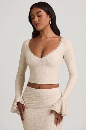 Ruffle Long-Sleeve Lace Top in Ivory