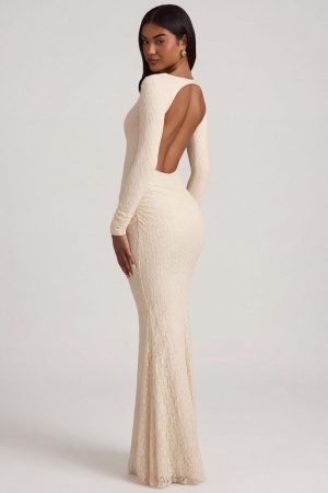 Ruched Backless Lace Maxi Dress in Ivory