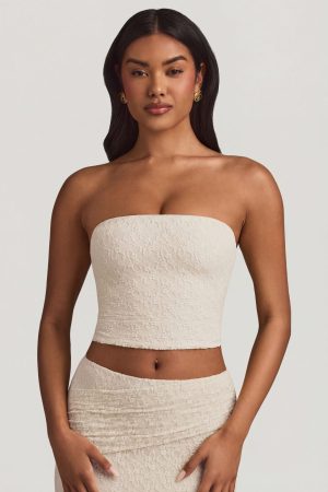 Ruched Strapless Lace Top in Ivory