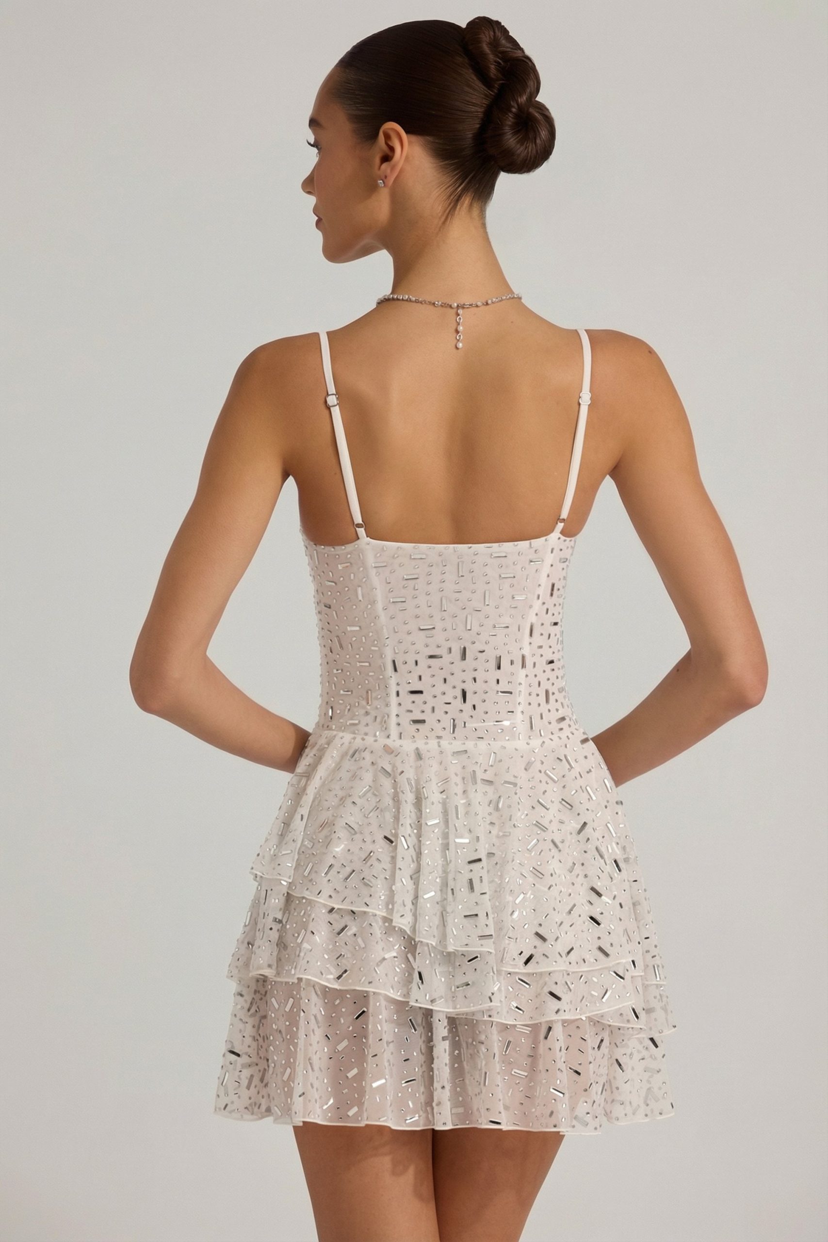 Embellished Ruffled Tiered Mini Dress in White - Image 2