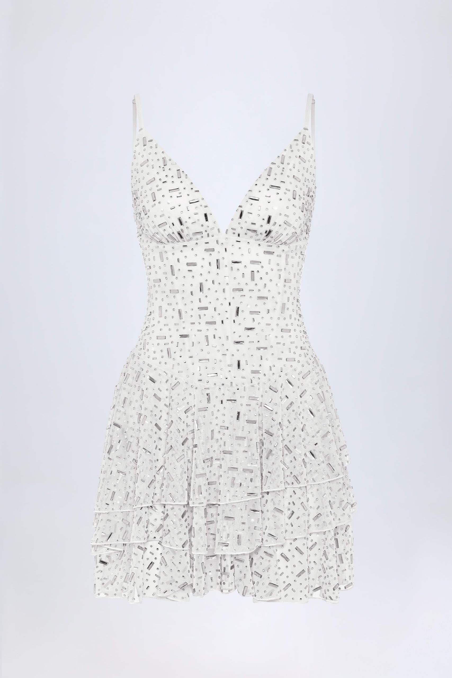 Embellished Ruffled Tiered Mini Dress in White - Image 3
