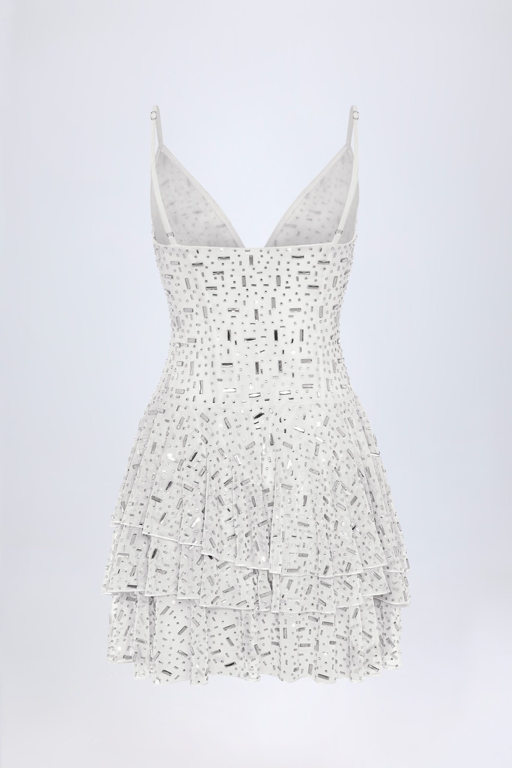 Embellished Ruffled Tiered Mini Dress in White - Image 5