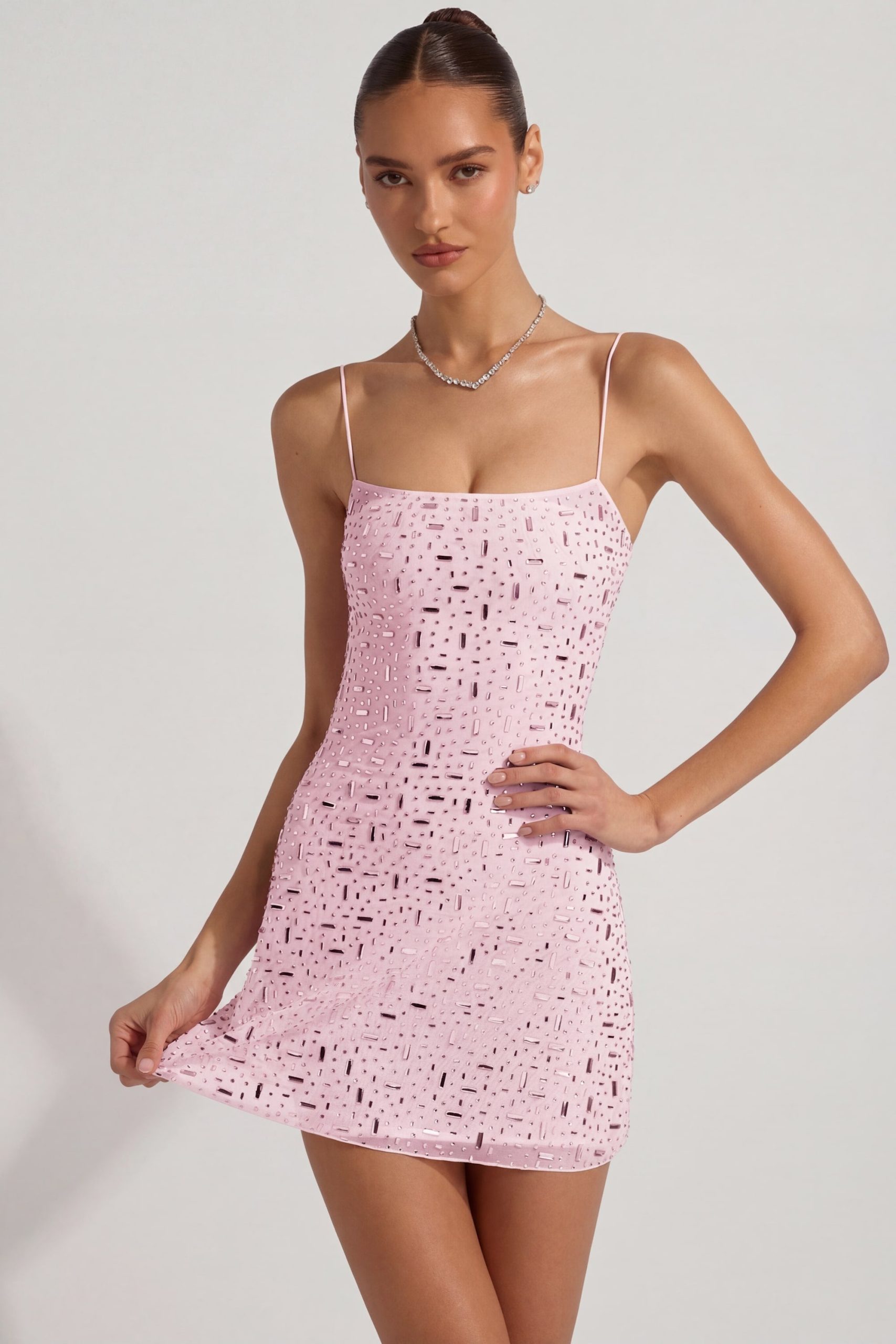 Sheer Embellished Square-Neck Mini Dress in Pink - Image 7