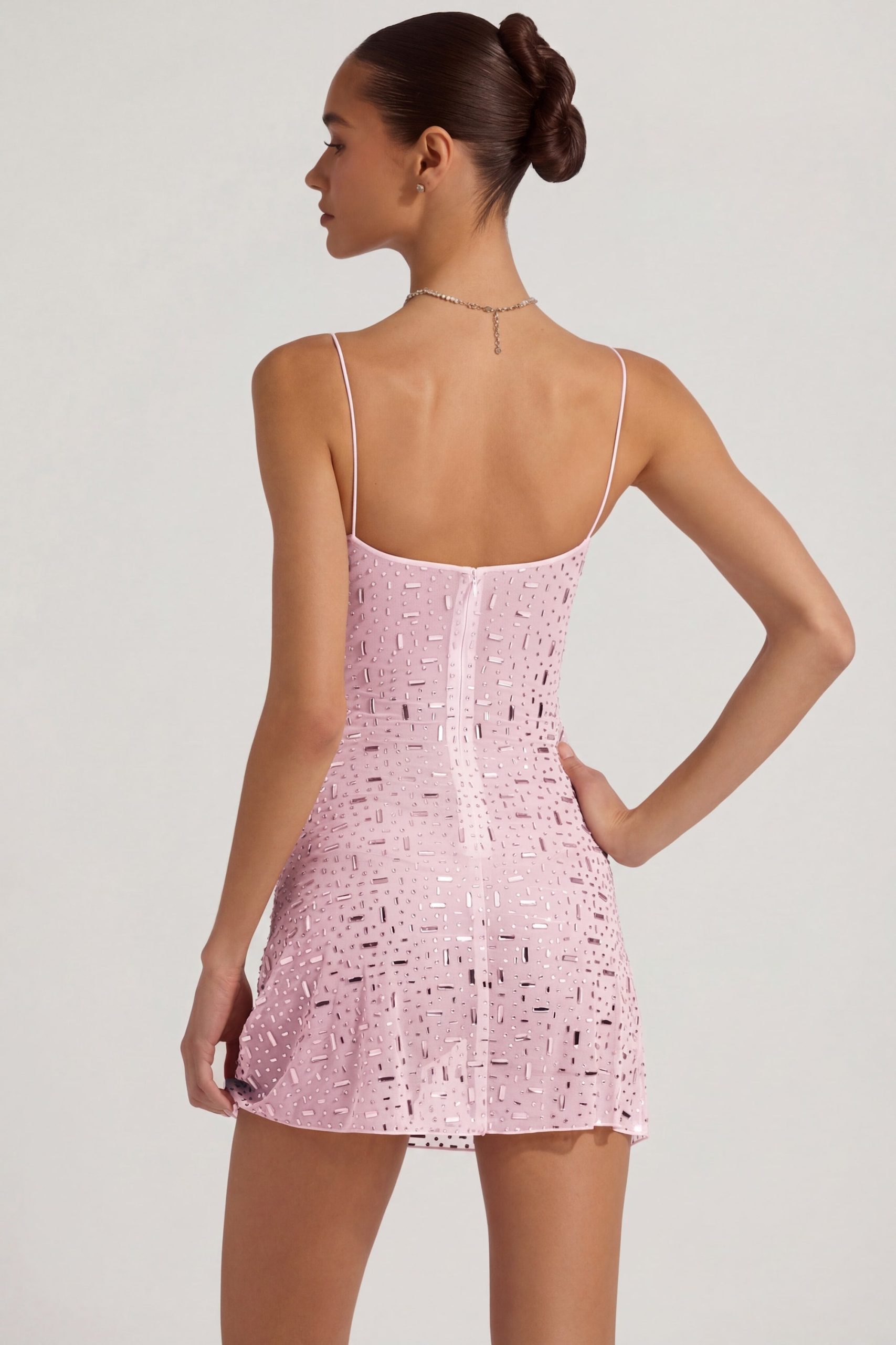 Sheer Embellished Square-Neck Mini Dress in Pink - Image 2
