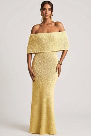 Bouclé Off-Shoulder Maxi Dress in Yellow