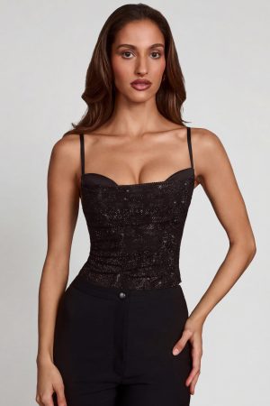 Embellished Peekaboo Cowl-Neck Top in Black