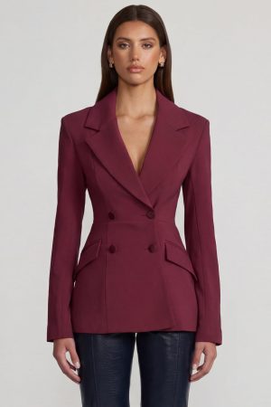 Structured Double-Breasted Blazer in Burgundy