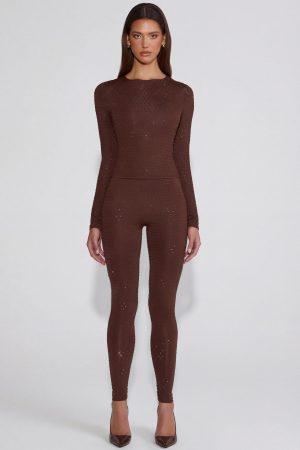 Embellished Jersey High-Waisted Leggings in Chocolate Brown