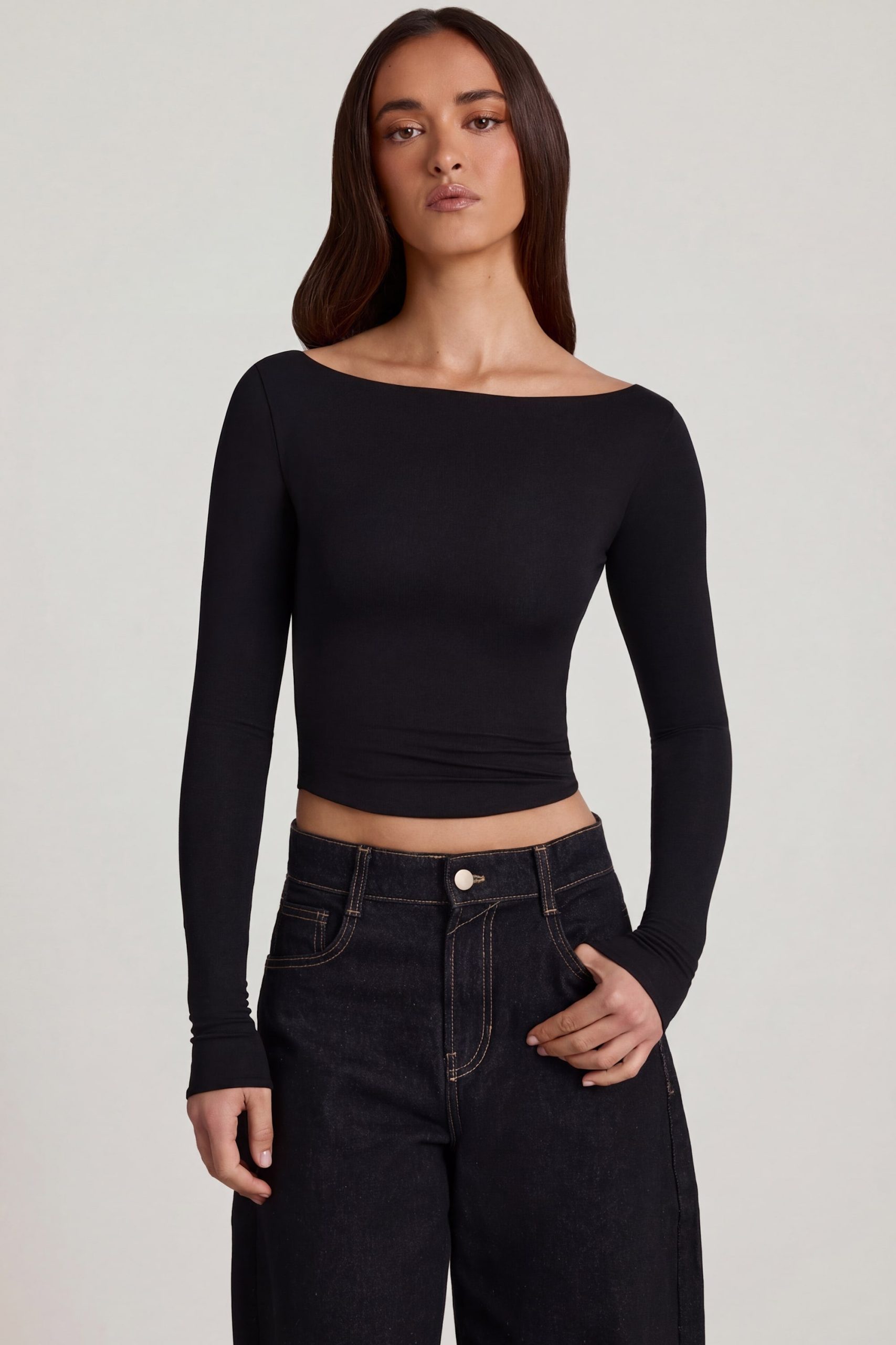 Modal Boat-Neck Long-Sleeve Top in Black - Image 5