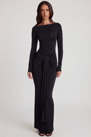 Soft Jersey Boat-Neck Tie-Gather Maxi Dress in Black