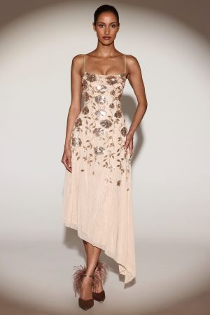 Embellished Soft-Scoop Asymmetric Midaxi Dress in Gold