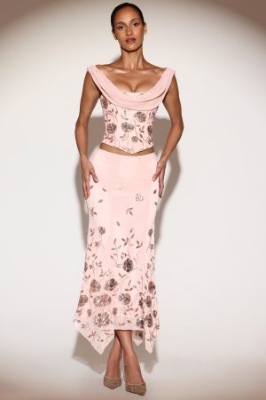 Embellished Mid-Rise Hanky-Hem Midaxi Skirt in Pink