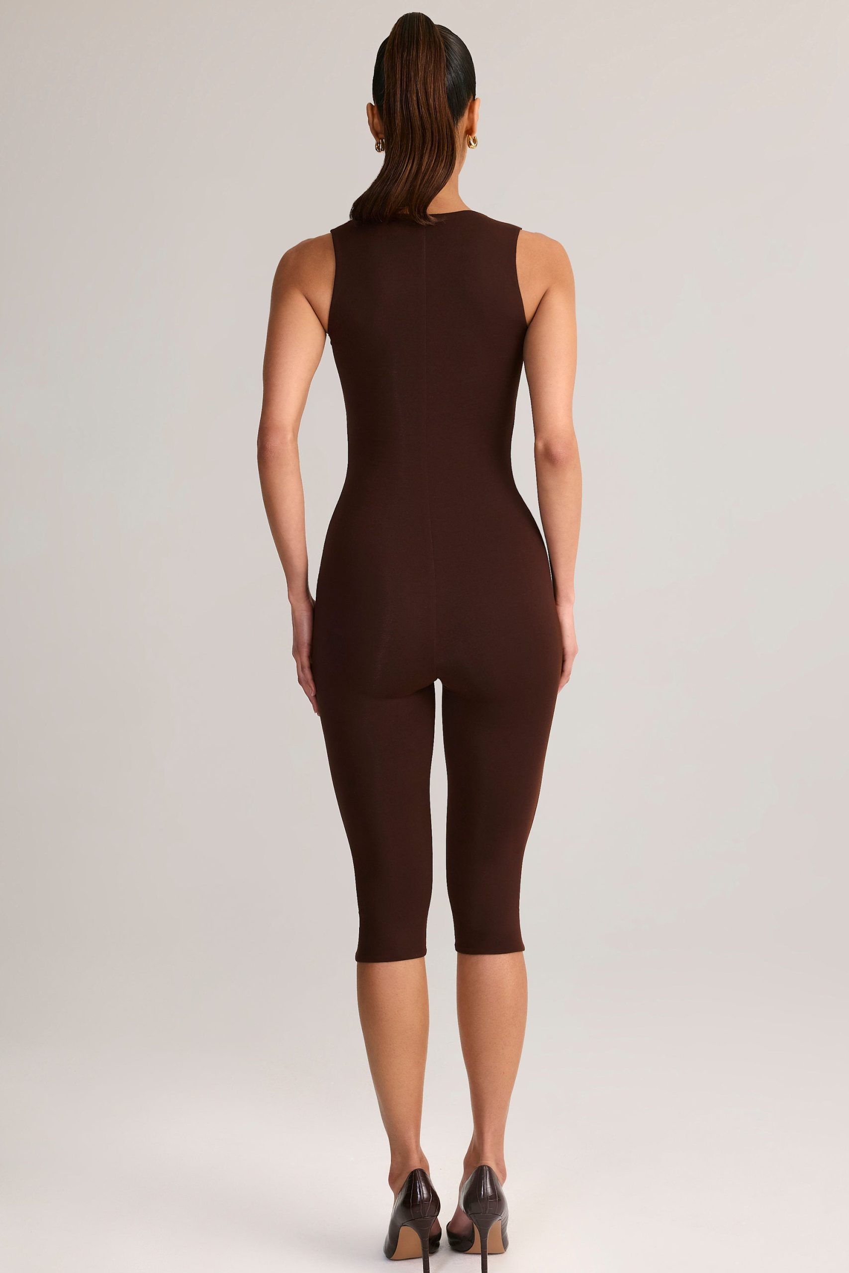 Modal Square-Neck Bodycon Capri Jumpsuit in Chocolate Brown - Image 2