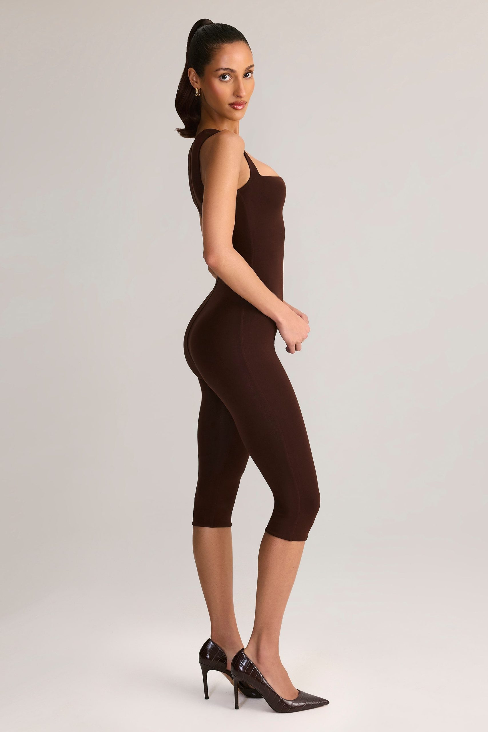 Modal Square-Neck Bodycon Capri Jumpsuit in Chocolate Brown - Image 3