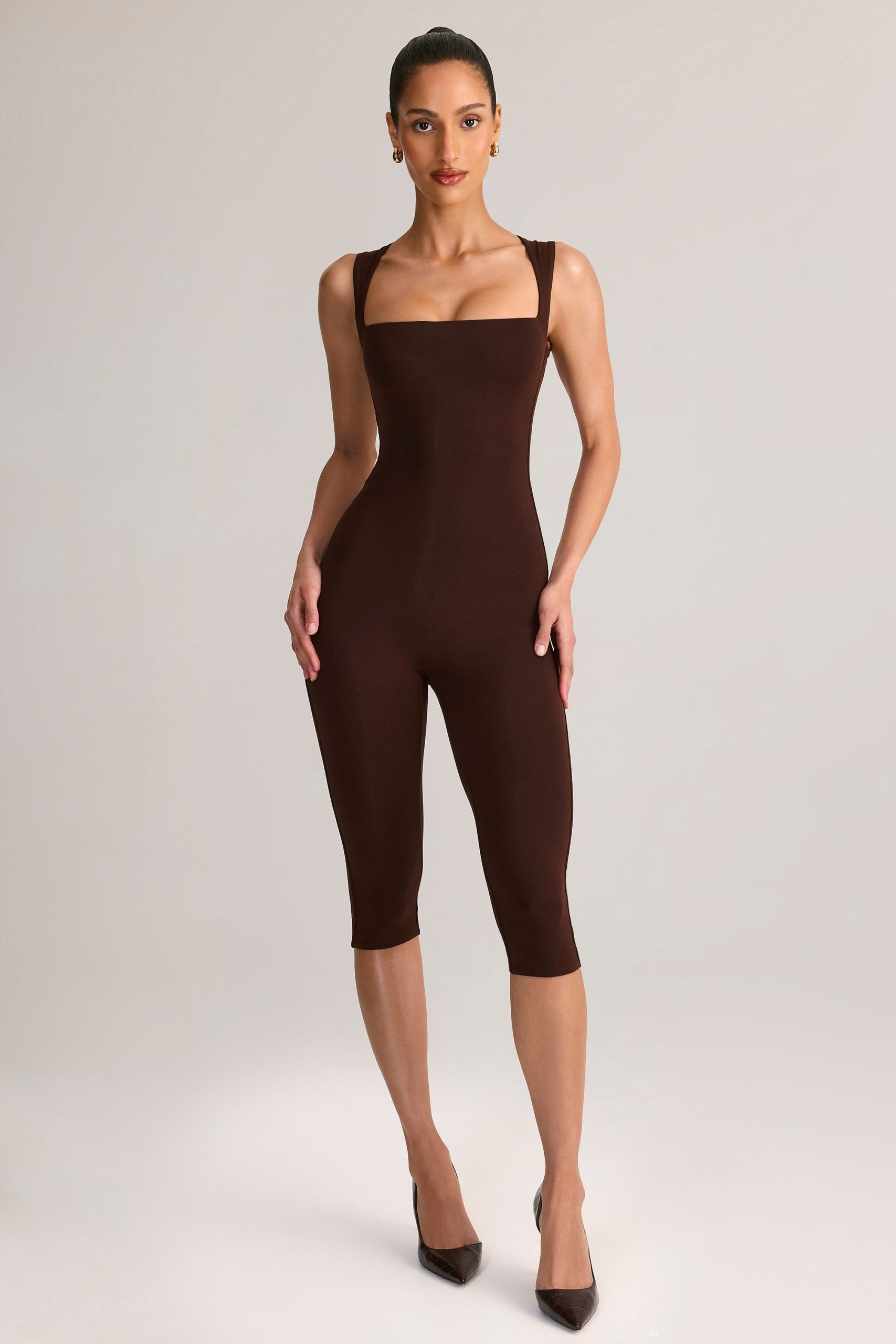 Modal Square-Neck Bodycon Capri Jumpsuit in Chocolate Brown - Image 5