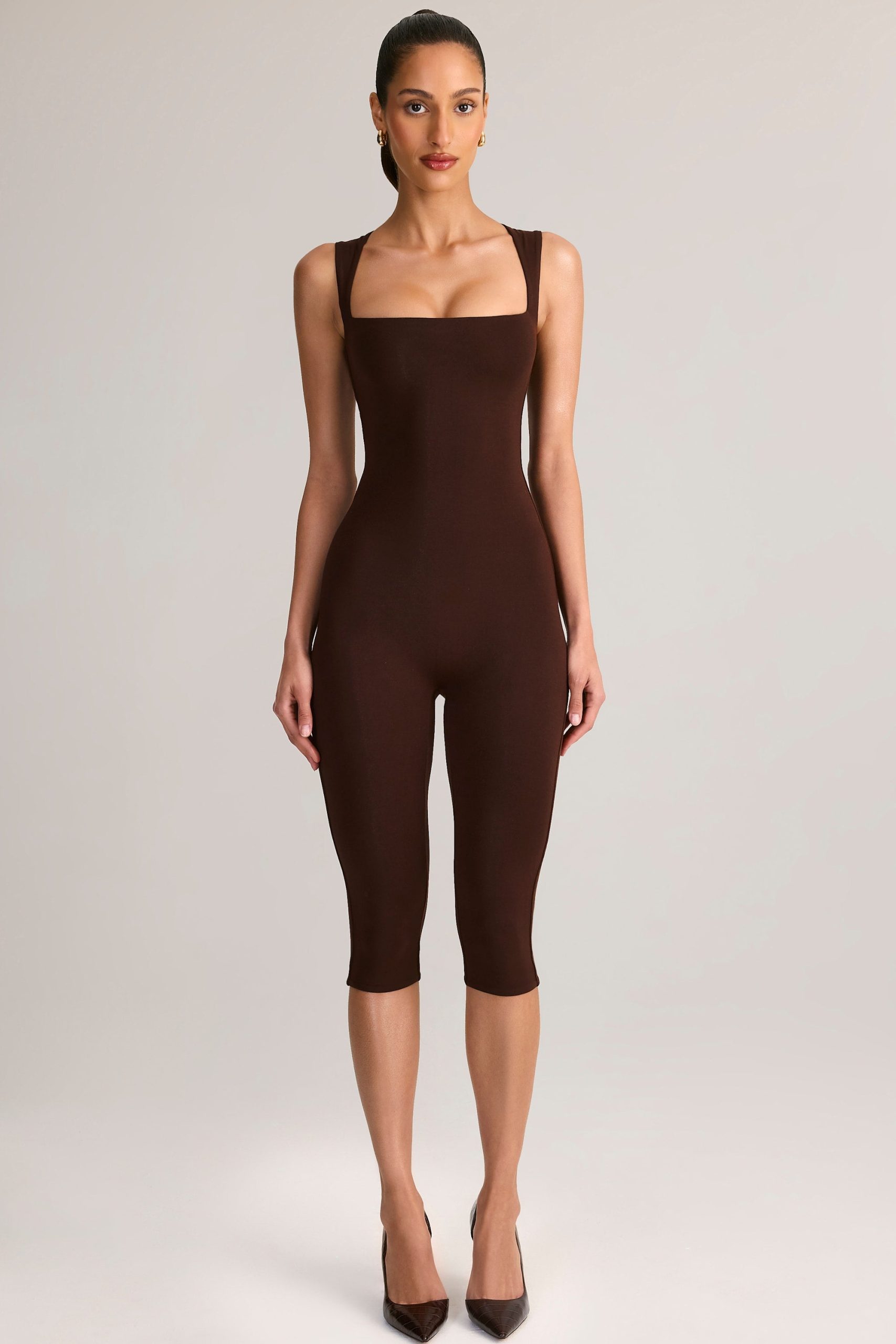 Modal Square-Neck Bodycon Capri Jumpsuit in Chocolate Brown - Image 6