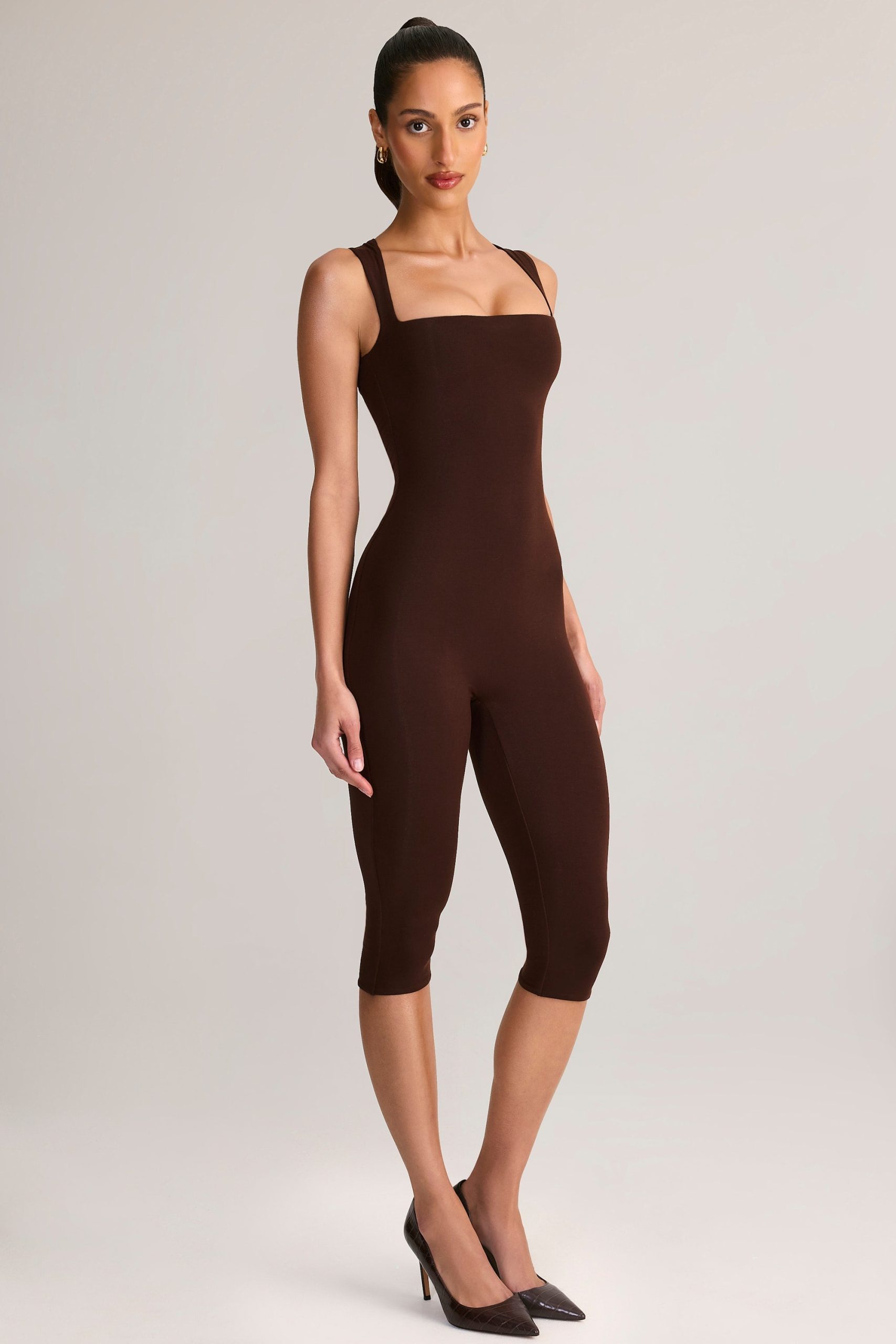 Modal Square-Neck Bodycon Capri Jumpsuit in Chocolate Brown - Image 7
