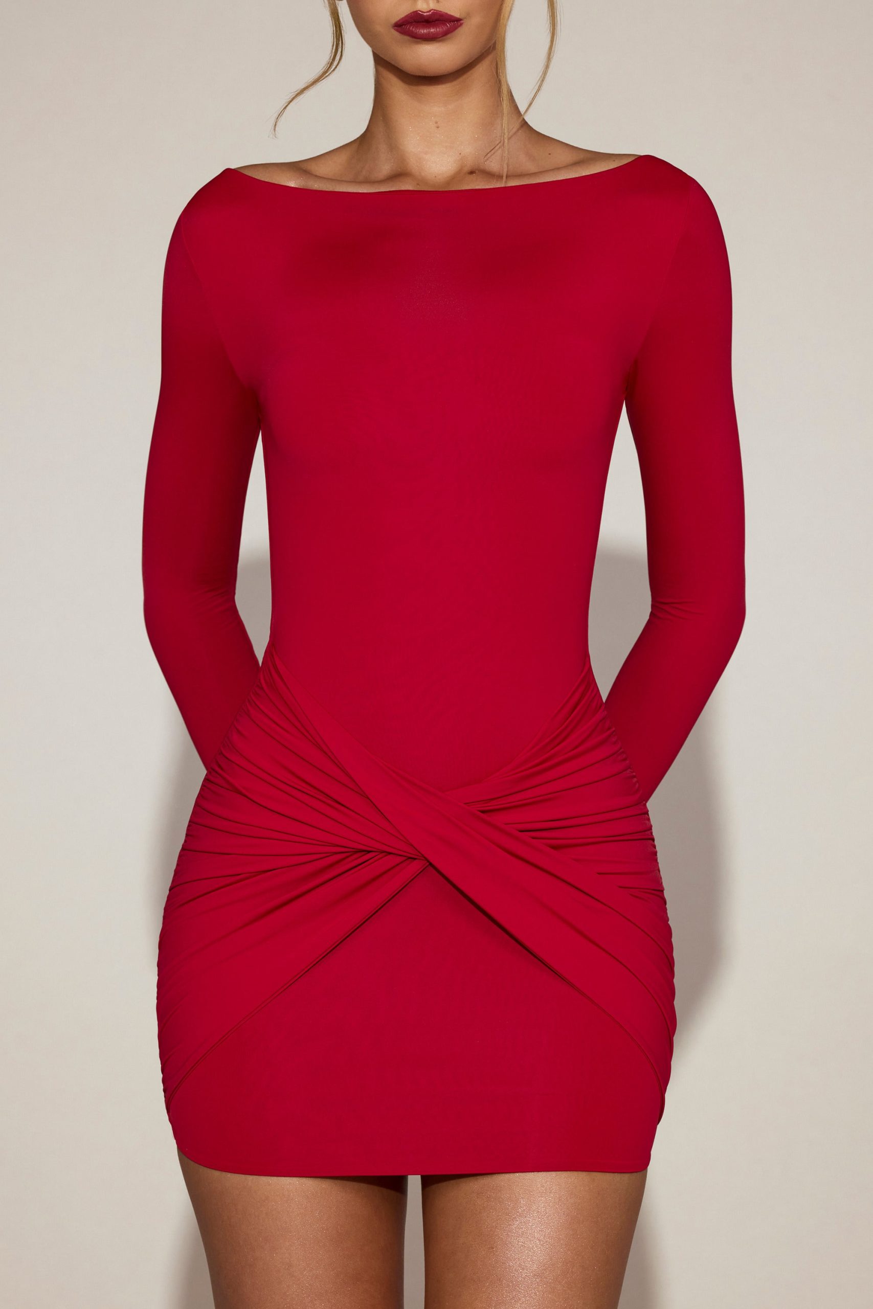 Soft-Jersey Boat-Neck Draped Mini Dress in True Red - Image 4