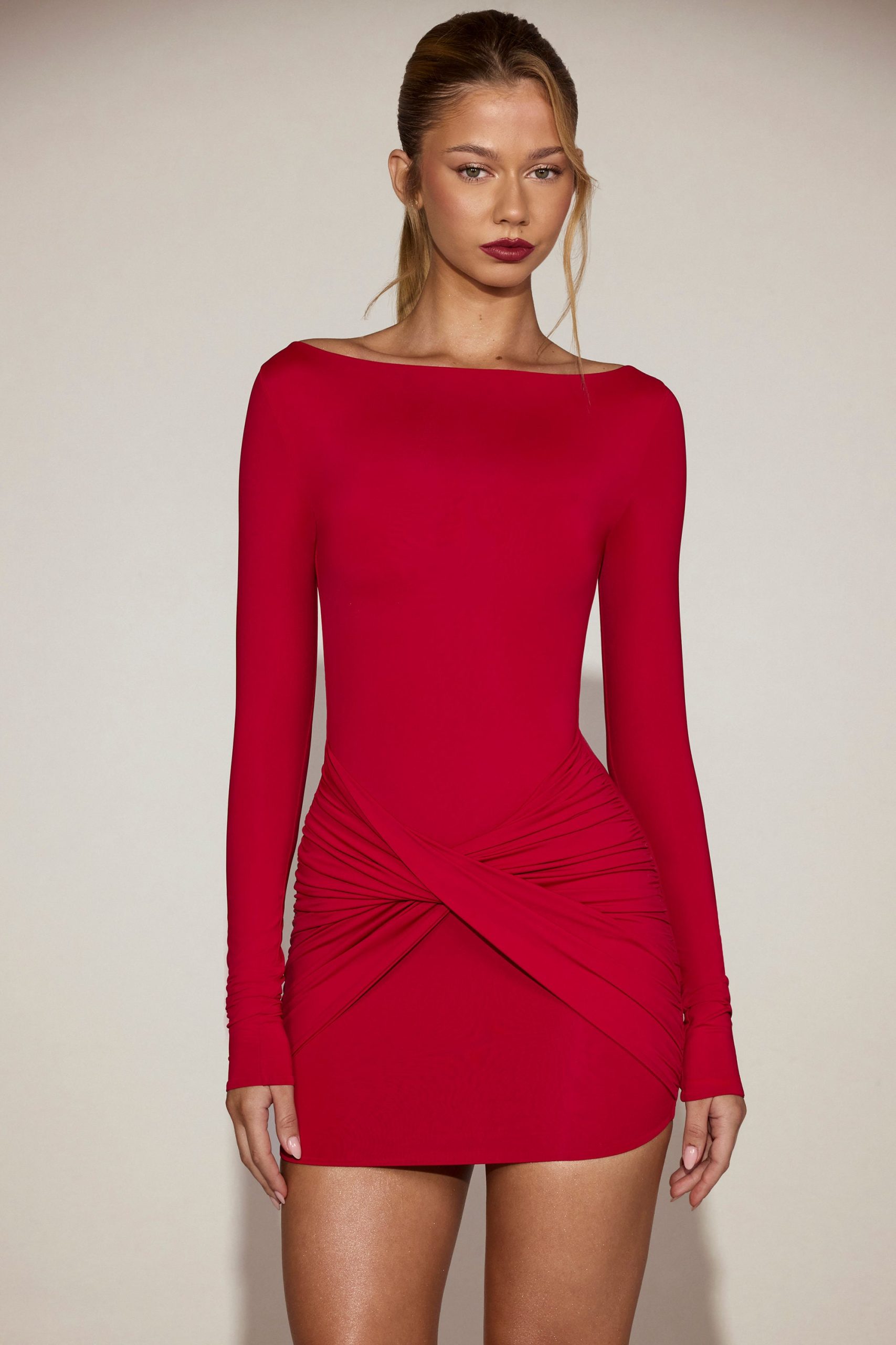 Soft-Jersey Boat-Neck Draped Mini Dress in True Red - Image 6