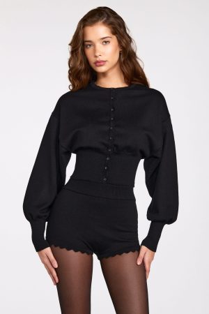 Knit Long-Sleeve Cardigan in Black