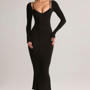 Modal Peekaboo Long-Sleeve Midi Dress in Black
