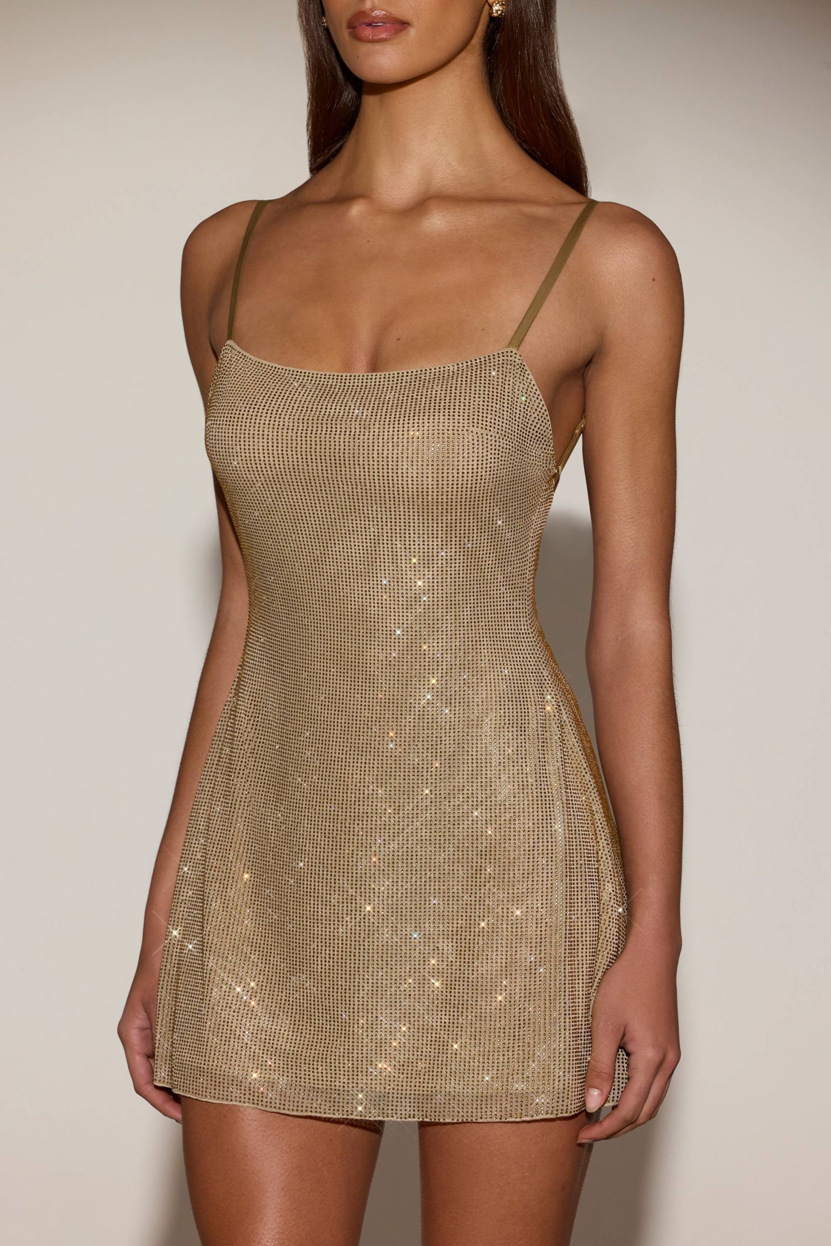 Embellished Soft-Scoop Backless Fitted Mini Dress in Gold - Image 6