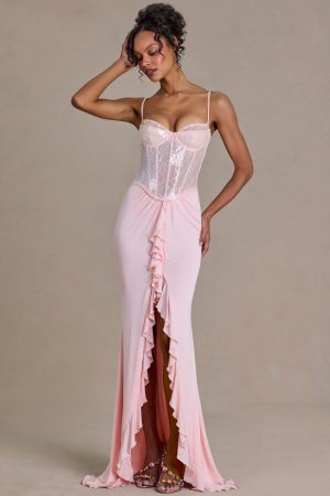 Premium Embellished Lace Corset Gown in Baby Pink