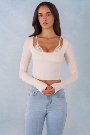 Ribbed Modal Long-Sleeve Laced Bra Top in Ivory
