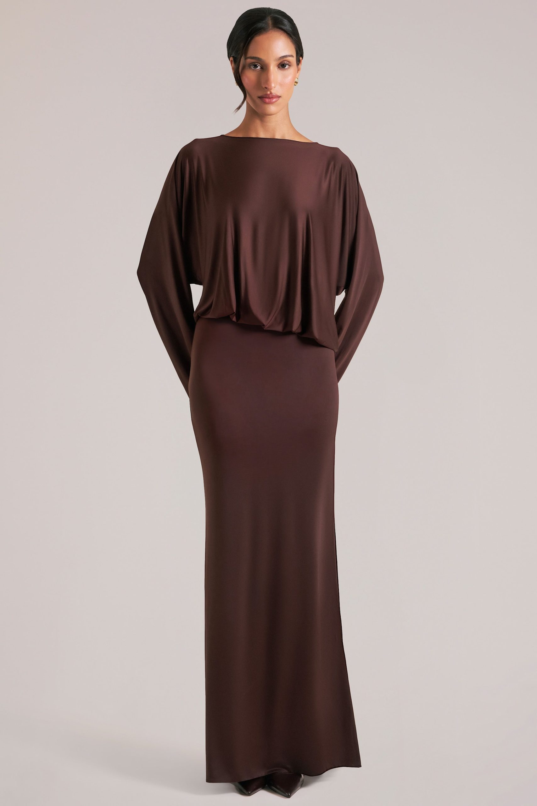 Long-Sleeve Draped Maxi Dress in Chocolate Brown - Image 2