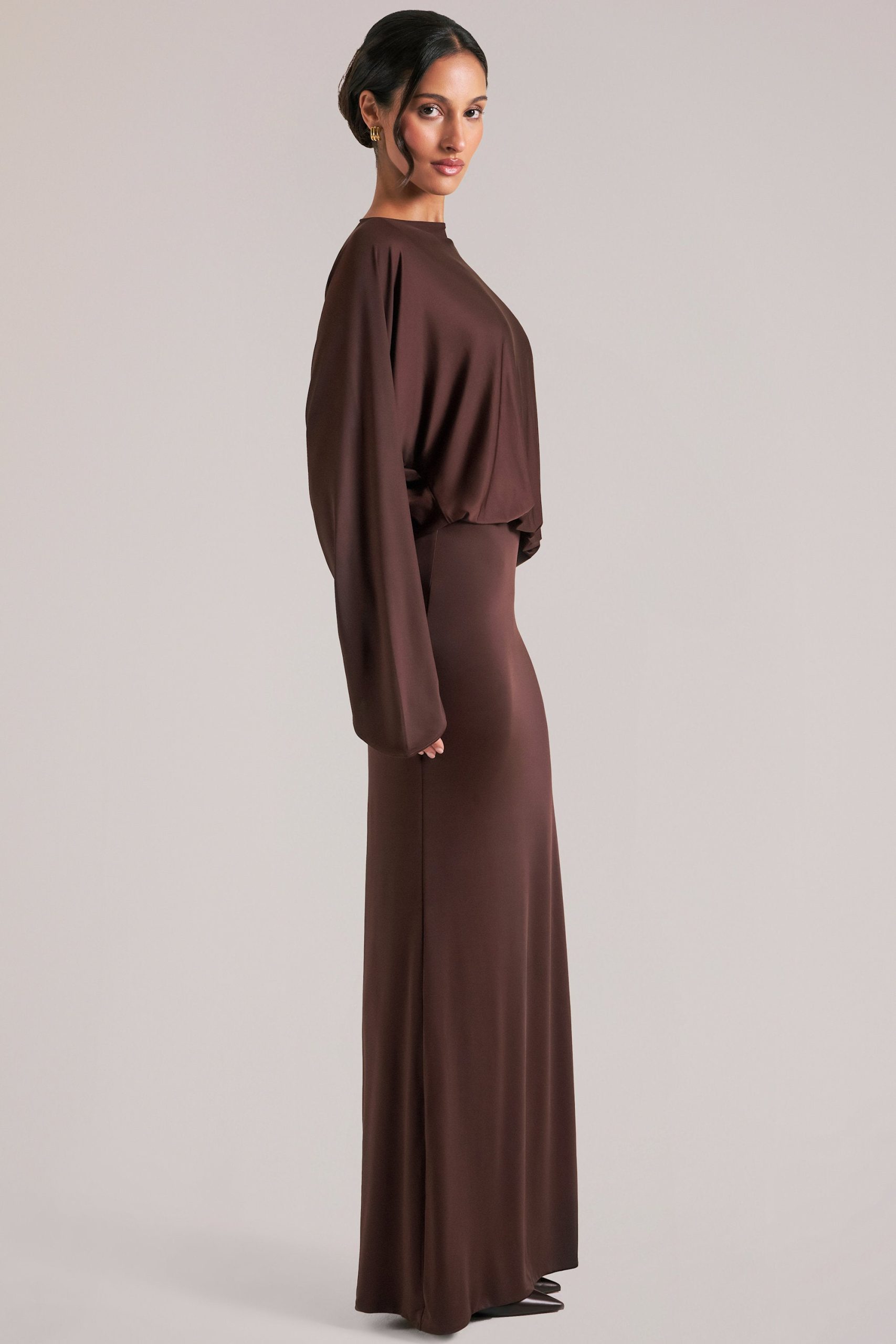 Long-Sleeve Draped Maxi Dress in Chocolate Brown - Image 3