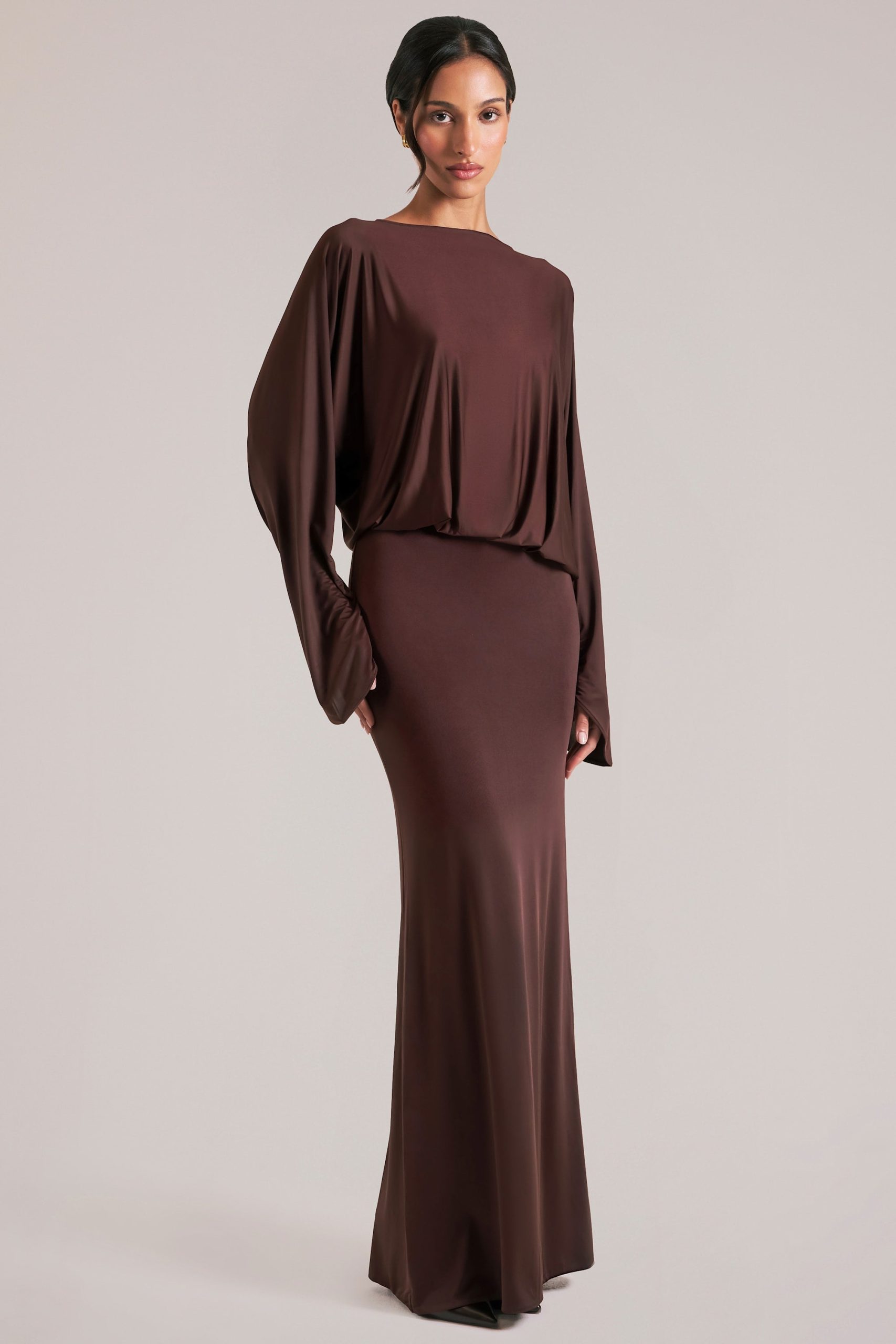Long-Sleeve Draped Maxi Dress in Chocolate Brown - Image 6