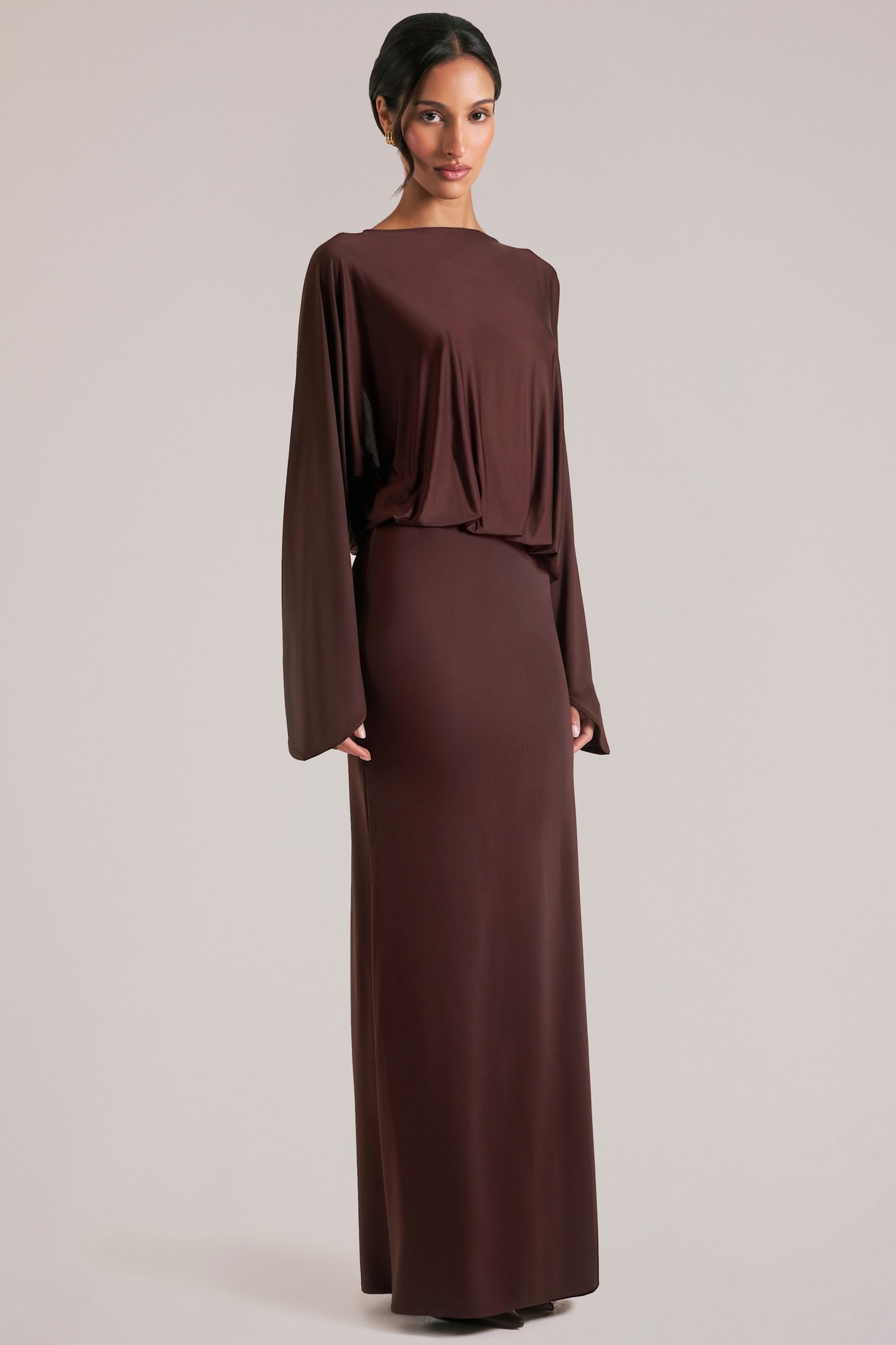 Long-Sleeve Draped Maxi Dress in Chocolate Brown - Image 7