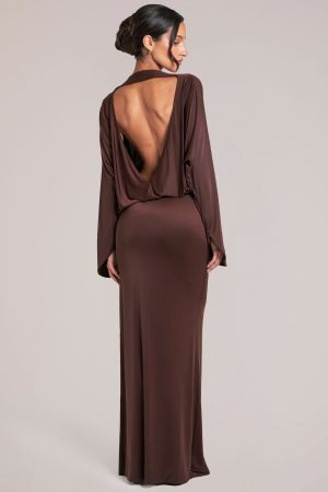 Long-Sleeve Draped Maxi Dress in Chocolate Brown