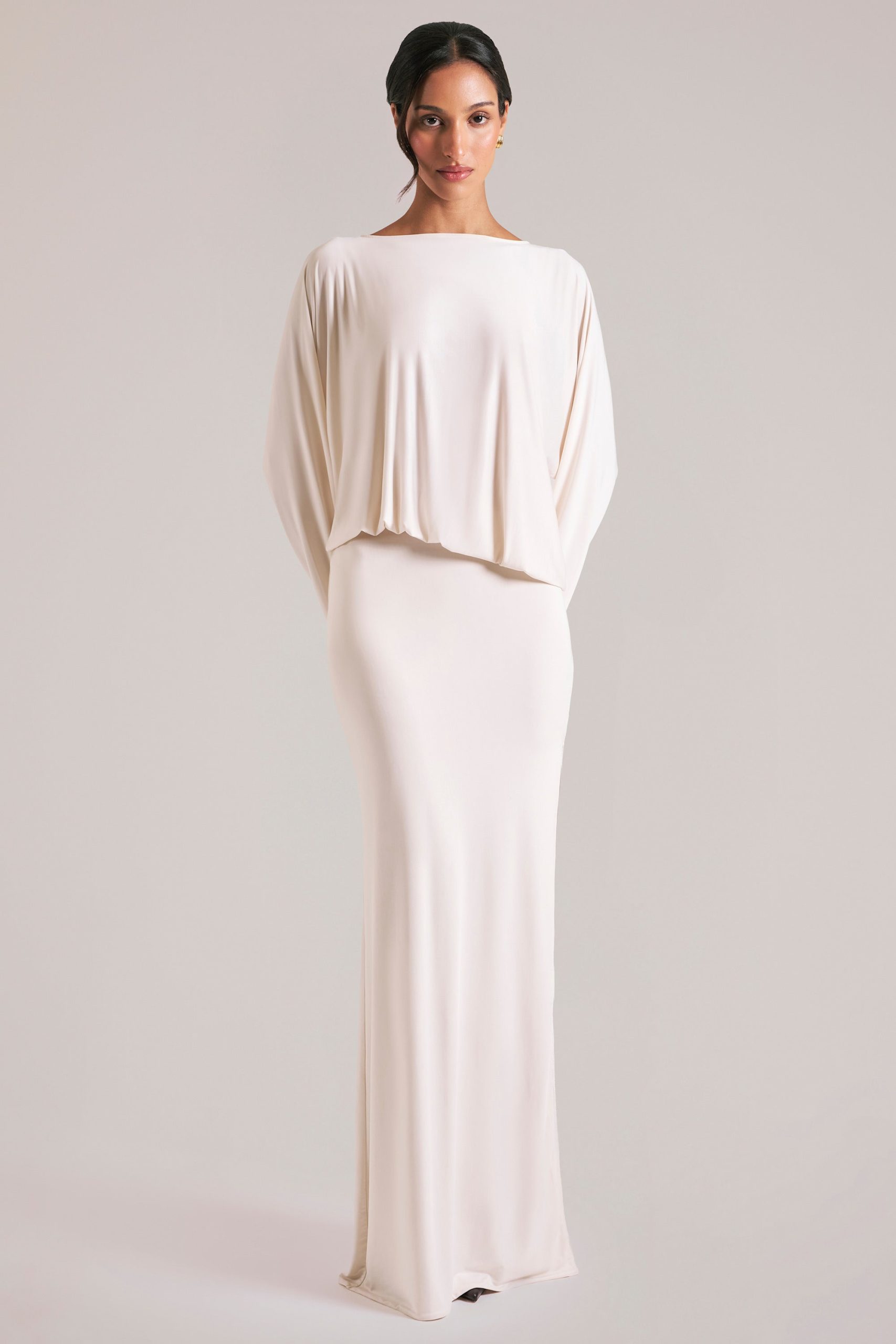 Long-Sleeve Draped Maxi Dress in Ivory - Image 2