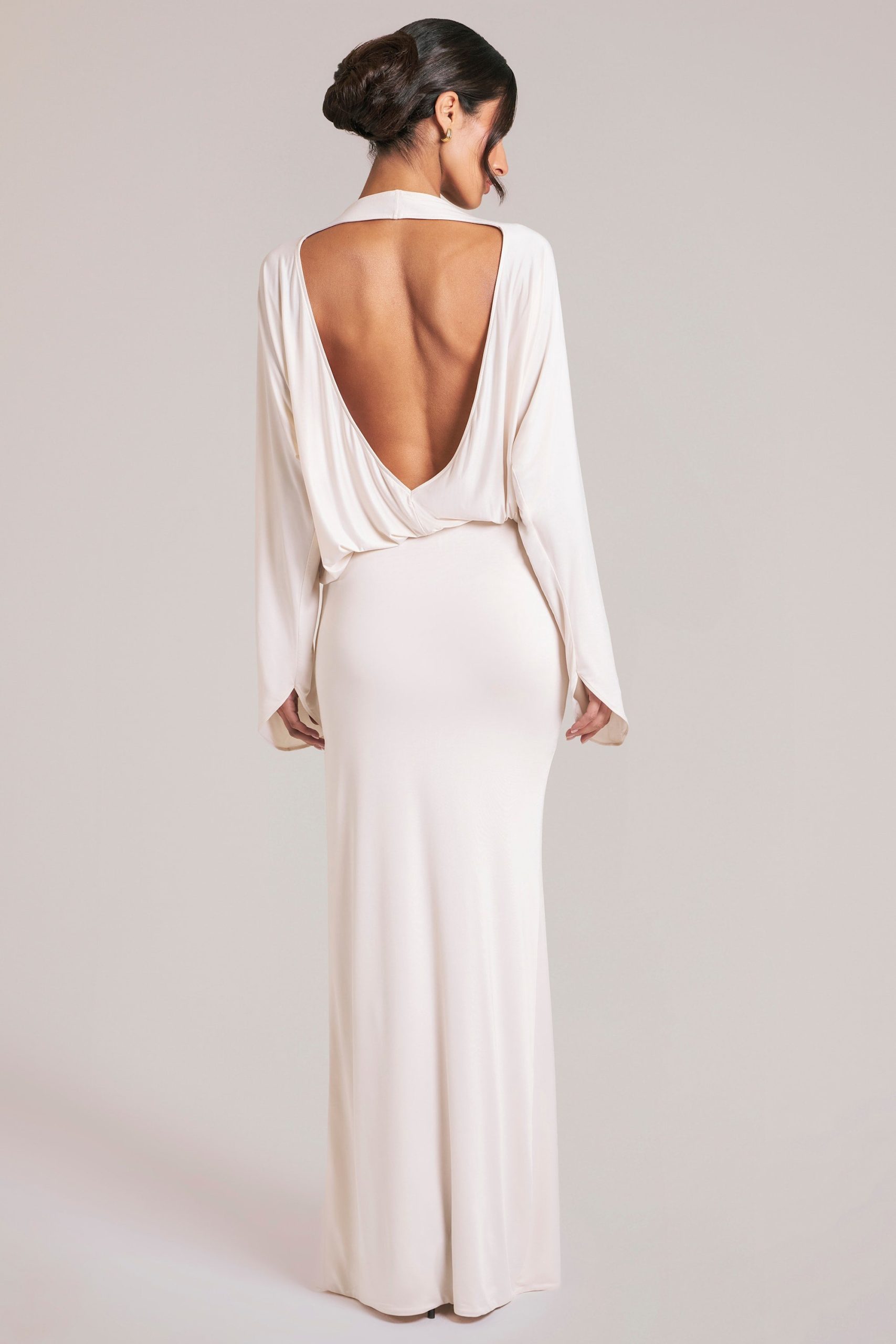 Long-Sleeve Draped Maxi Dress in Ivory - Image 5