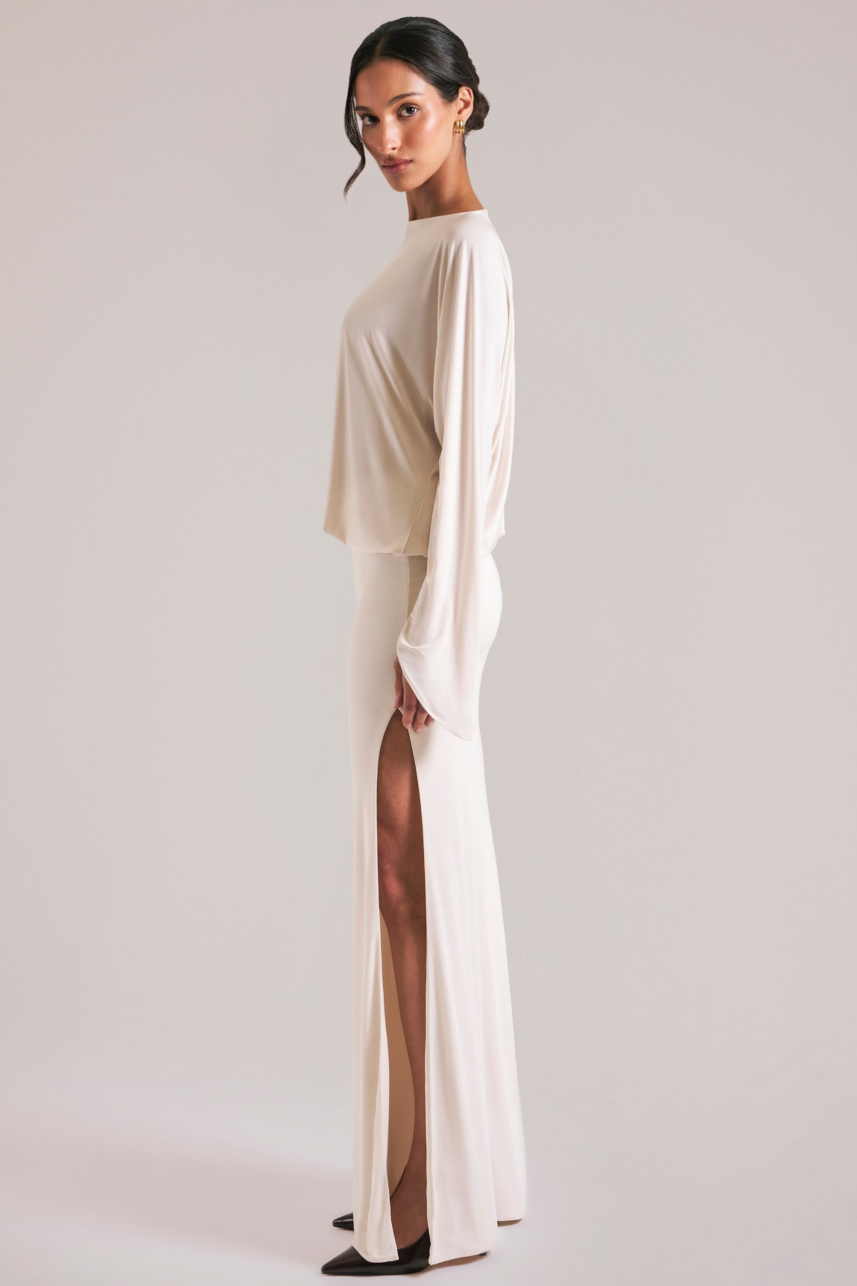 Long-Sleeve Draped Maxi Dress in Ivory - Image 3
