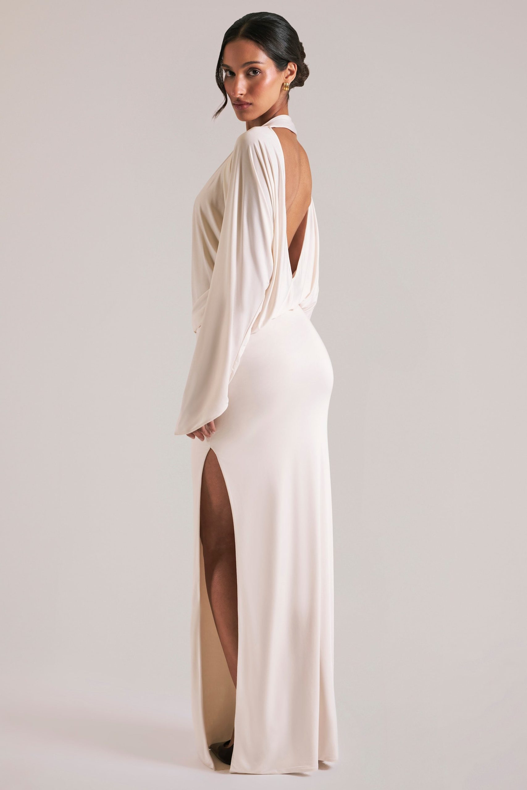Long-Sleeve Draped Maxi Dress in Ivory - Image 7