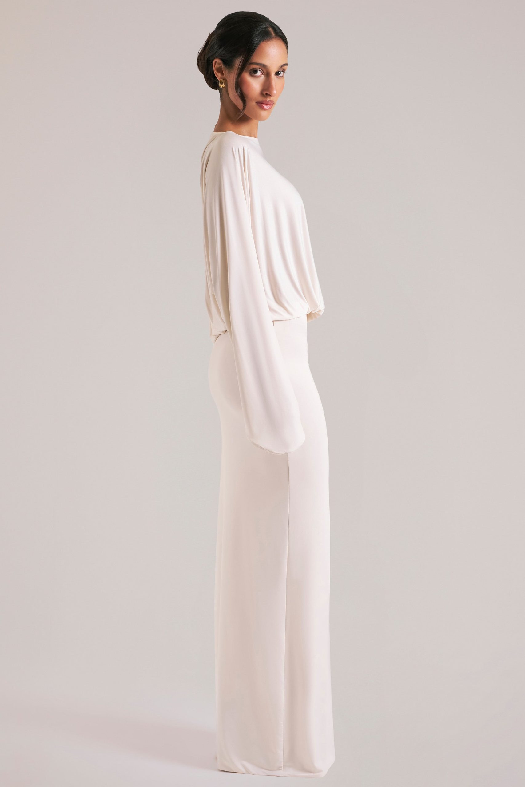 Long-Sleeve Draped Maxi Dress in Ivory - Image 4