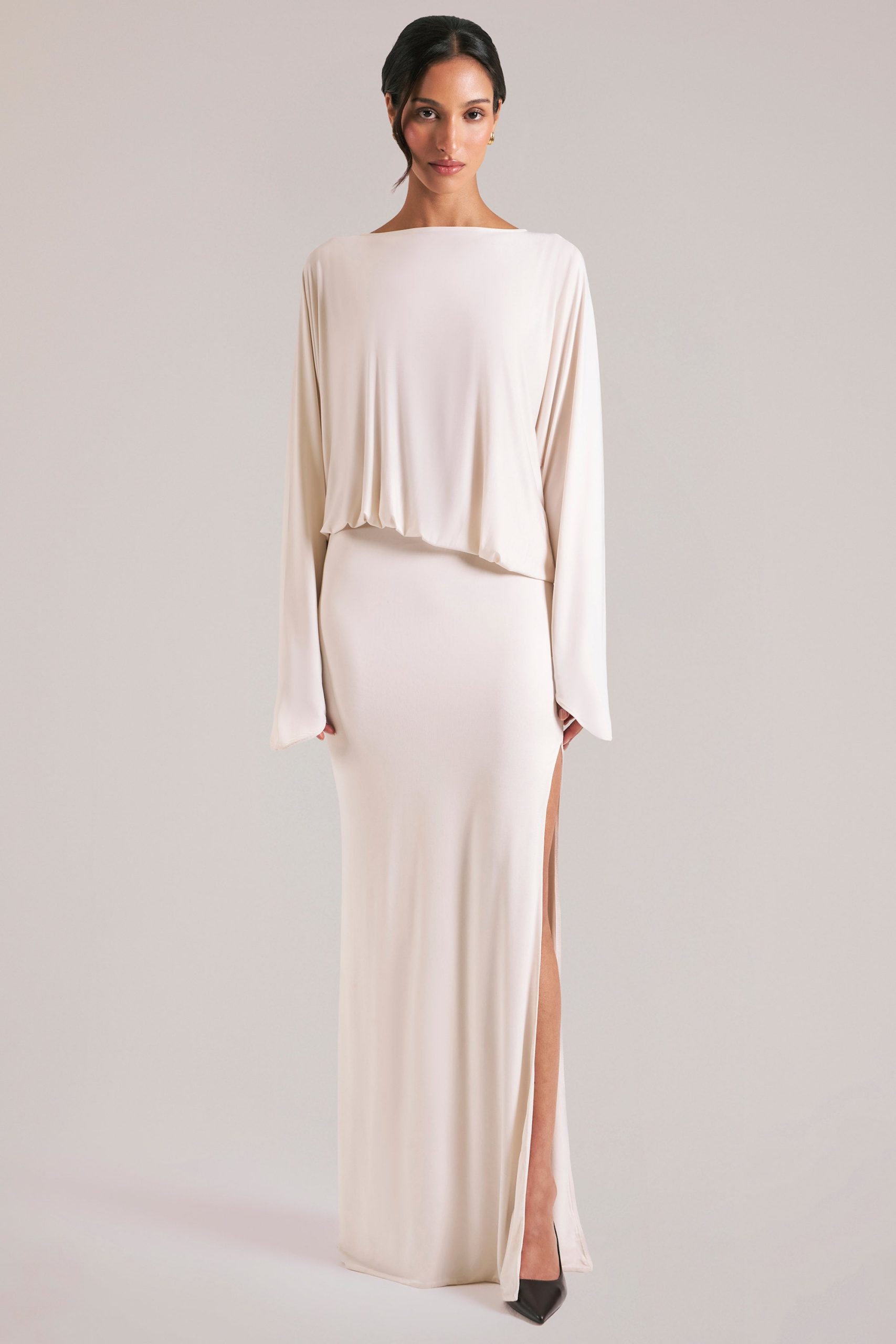 Long-Sleeve Draped Maxi Dress in Ivory - Image 6