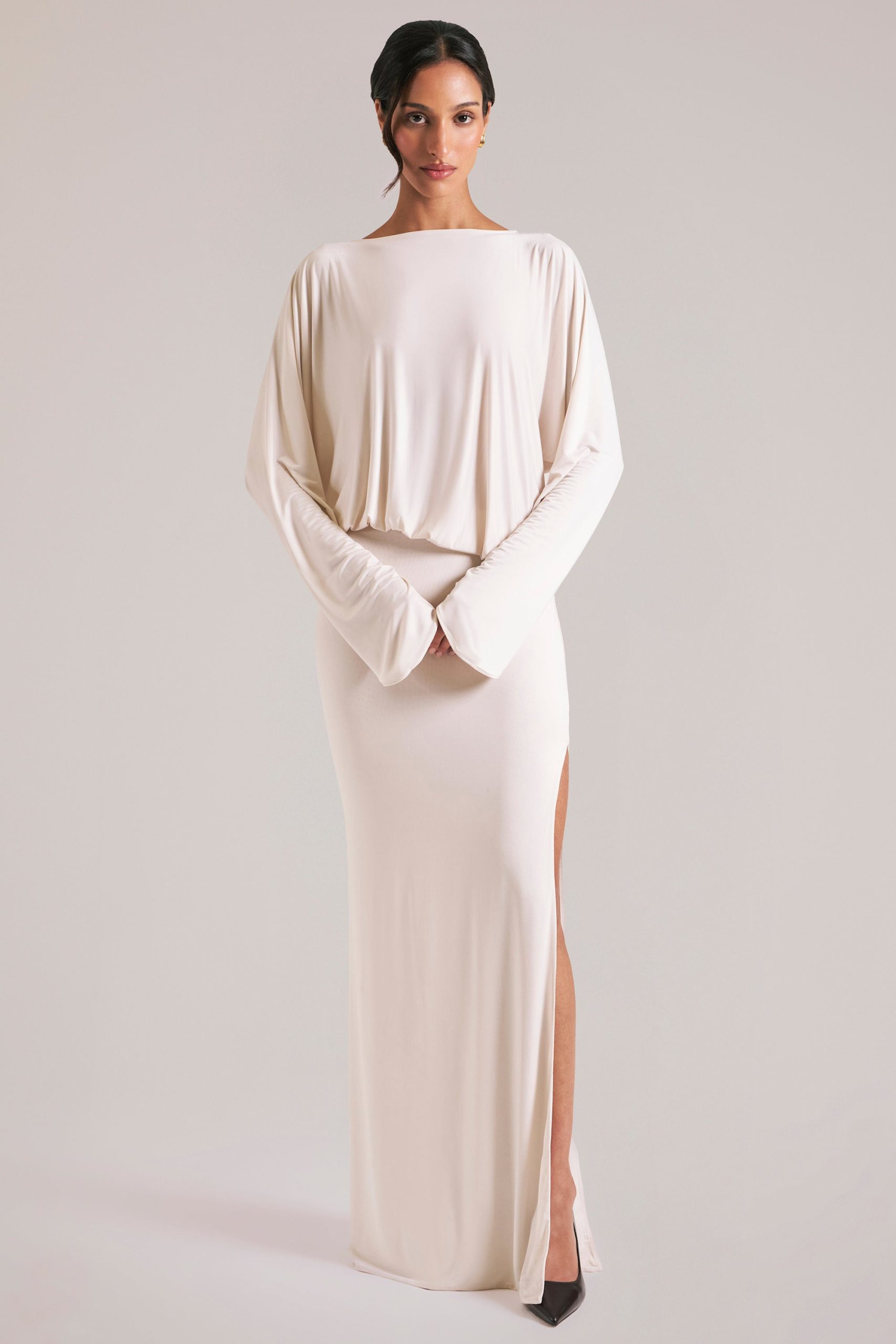 Long-Sleeve Draped Maxi Dress in Ivory - Image 8