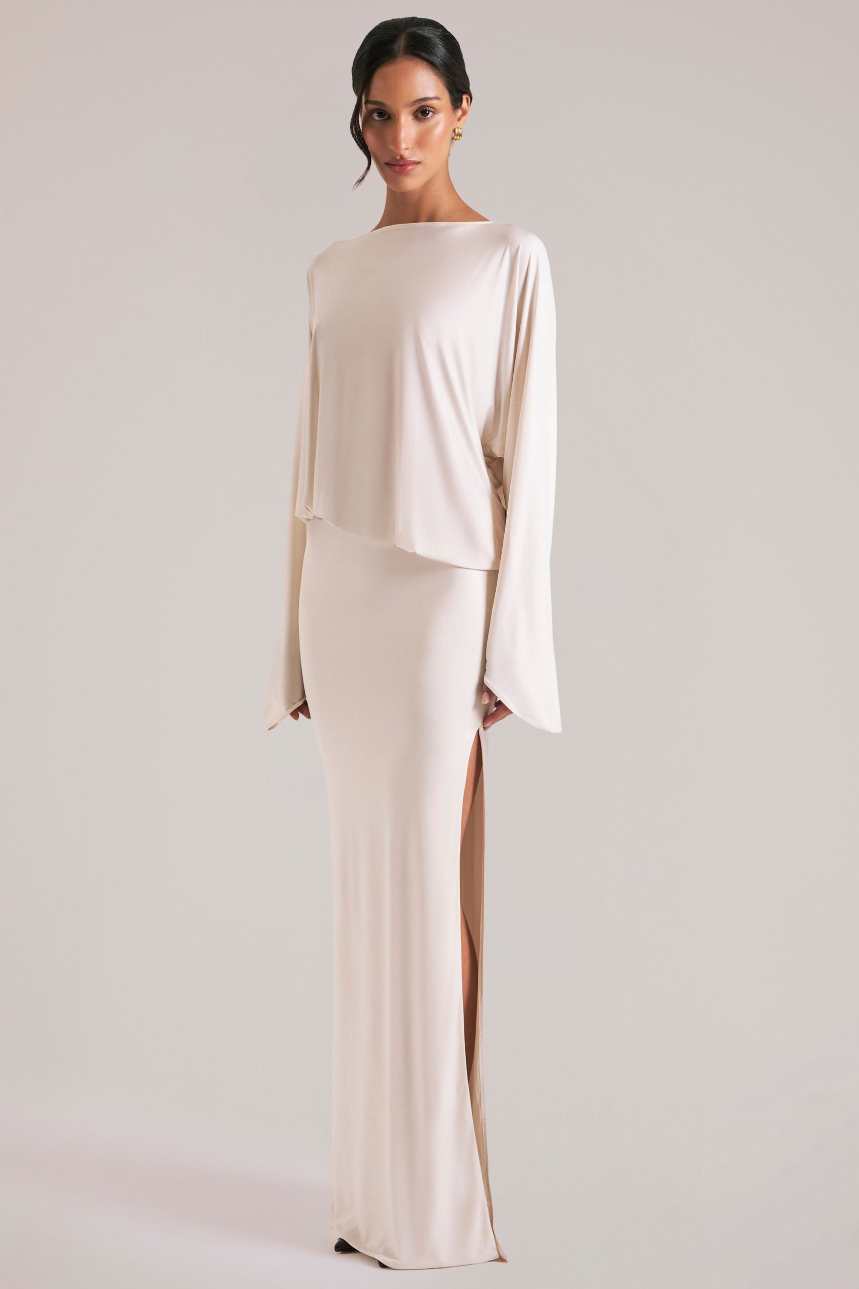 Long-Sleeve Draped Maxi Dress in Ivory - Image 9