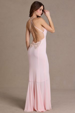 Chiffon Cowl-Neck Open-Back Gown in Baby Pink