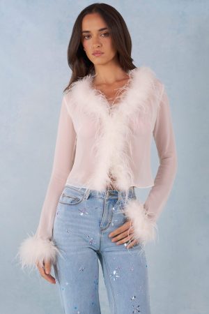 Feather Trim Sheer Top in Ivory