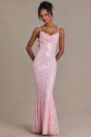 Premium Embellished Open-Back Maxi Dress in Baby Pink
