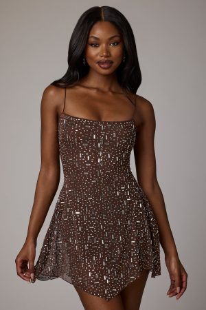 Sheer Embellished Scoop Neck Mini Dress in Deep Cocoa