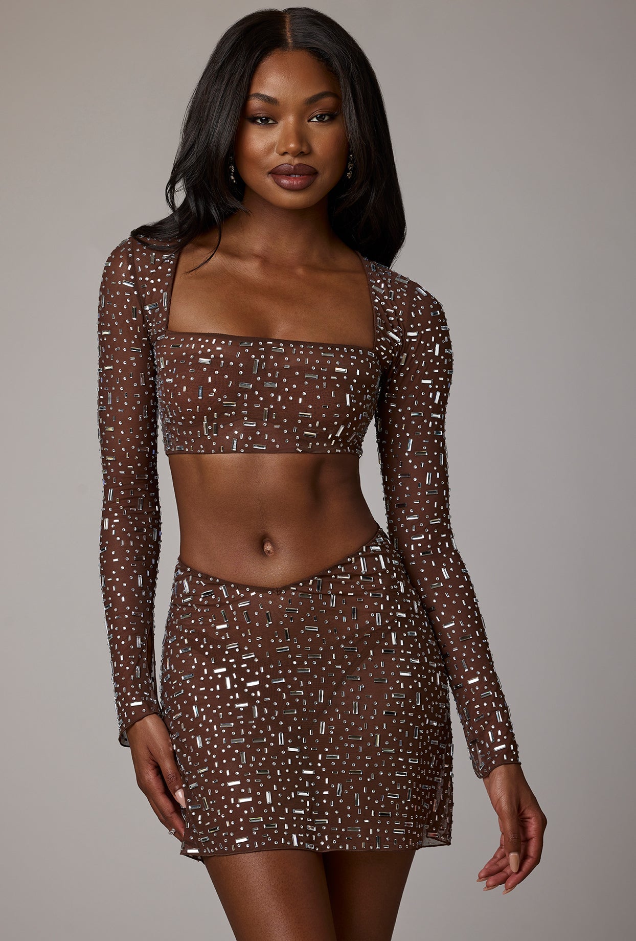 Sheer Embellished Long Sleeve Crop Top in Deep Cocoa - Image 7