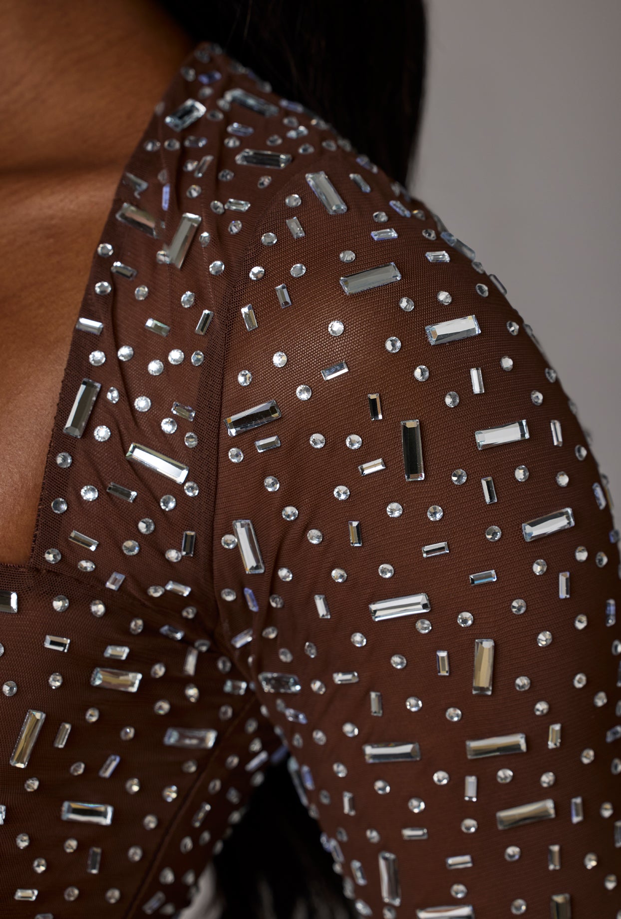 Sheer Embellished Long Sleeve Crop Top in Deep Cocoa - Image 5